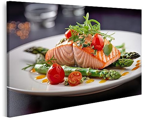 islandburner Quadro su tela Piatto bianco impanato pezzo Salmone Asparagi Gastronomia Cucina Immagine Cucina JDGJ Quadri Stampe Immagini Murale Decorazione da parete