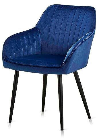 KHG Esszimmerstuhl Polsterstuhl Küchenstuhl Sessel mit Armlehnen Blau Samt - Metallbeine schwarz, Rückenlehne und Armlehnen gesteppt - Design Stuhl Sitzhöhe 47 cm
