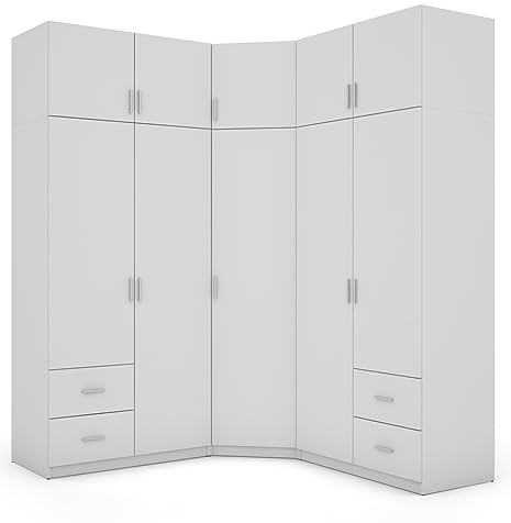 e-Meblast Eckschrank 189 x 240 x 54 cm Kleiderschrank Schlafzimmer - 3-teilige Wohnzimmer Eck Ecke Eckeschrank 20 Einlegeböden 4 Schubladen 3 Kleiderstange (Weiß/Weiß)