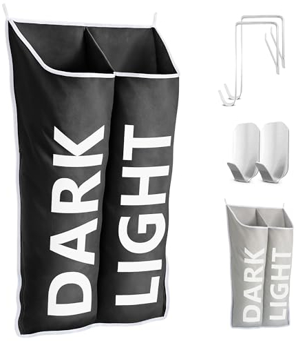 DONAQ Cesto portabiancheria da appendere, organizer da appendere per bagno e camera da letto, salvaspazio, per parete e porta, ampio cesto aperto con 2 sezioni e 2 cerniere per un facile accesso, 75