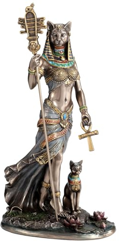 Veronese Design 10 3/4 pulgadas diosa egipcia Bastet sosteniendo instrumento Sistrum y cruz Ankh con gato estatua de resina fundida en frío escultura acabado bronce