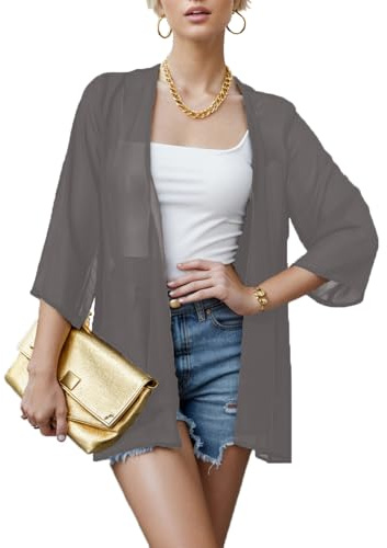 Cárdigan tipo kimono de gasa transparente para mujer, frente abierto, holgado, para cubrir el traje de baño, gris, 4XL