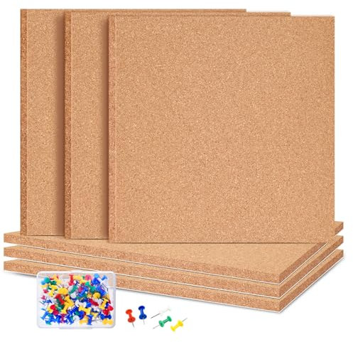 ANPUNAT Lot de 6 tableaux muraux carrés autocollants en liège avec 100 punaises pour tableaux d'affichage, décoration de maison, école, bureau (30,5 x 30,5 x 0,6 cm)
