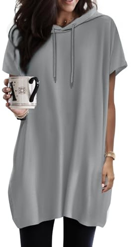 Dokotoo Kapuzenpullover Damen Hoodie Oversize T-Shirts Sommer Oberteile Kurzarm mit Kapuze Pullover Sweatshirt Tops Lässig Einfarbig Tshirts Oberteil Grau L