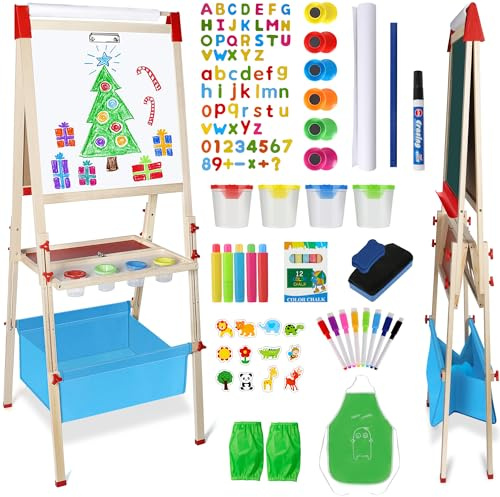 WOSTOO Adjustable Wooden Easel for Kids – Foldable Art Easel with Paper Roll, Magnetic Double-Sided Whiteboard & Chalkboard, 130+ PCS Accessories, Ideal Gift for Toddlers & Children Ages 2-8