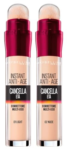 Maybelline New York Cancella Età Instant Anti-Age Correttore Liquido Multi-Uso Illuminante Finish Naturale Anti Imperfezioni contro Occhiaie e Rughe con Applicatore a Spugnetta 01 Light + 02 Nude
