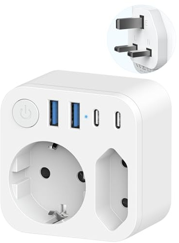 2 Fach Reiseadapter Deutschland nach UK Adapter mit 4 USB, Weiß | Reisestecker England Steckeradapter Schuko auf Typ G für Großbritannien Irland Malta Stromadapter