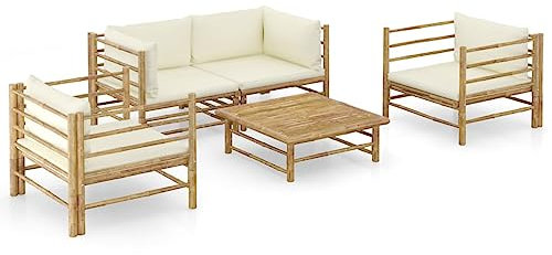 Sufrk 5-TLG. Garten-Lounge-Set mit Cremeweißen Kissen Bambus Essecke Mit Eckbank Und Tisch Outdoor Furniture - 3058207