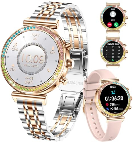TAYSHILEY Smartwatch Fitness Da Donna, Display HD Da 1,27 Policy, Chiamata Bluetooth, Smartwatch Sportivo Impermeabile, Cardiofrequenzimetro, Contapassi - Compatibile Con Android e iOS (Oro bicolore)