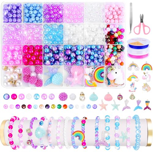 LWAIX Perlen Set Ca.646Stk zum Auffädeln Armbänder Selber Machen Kinder mit 6/8mm Bunte Bastelperlen Pearls Einhorn Meerjungfrau und Anhänger für Weihnachten Feiertage Geburtstage Partys Belohnungen