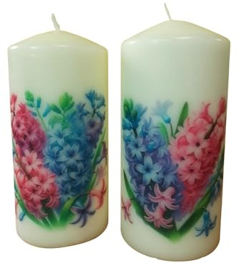Unscented Pillar Wax Candle Set of Two Pink & Blue Hyacinth Flower Decoration Hand Decorated Relax Meditation Home Display Decor Floral Botanical Lovers Spring Home Decor