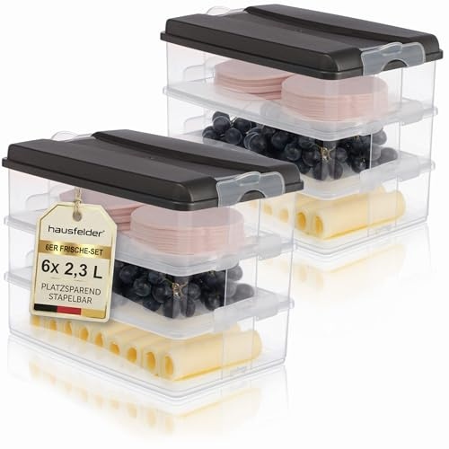 Hausfelder Aufschnittboxen 6x 2,3 l, stapelbar, Anthrazit | Kühlschrank Organizer Aufschnittdosen, Ordnung und Lebensmittelaufbewahrung, Frischhalteschalen mit Deckel, Anthrazit 6x2,3L