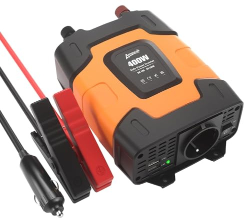 Ampeak 400W Spannungswandler 12V auf 230V mit 1 EU-Buchse und 4.8A Dual USB Anschluss und Zigarettenanzünderstecker, Geschäftsreise- und Urlaubsauto- Wechselrichter zum Laden von Laptops, iPads