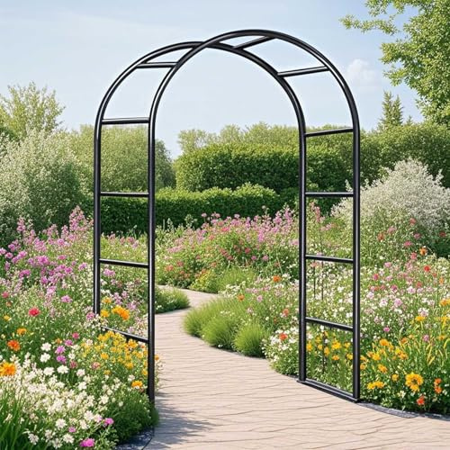 Rosenbogen aus Metall Stabil 80 100 120 140 180 200 240cm Rostschutz Rankbogen Rankhilfe Gartenbogen Torbogen für Kletterpflanzen Balkon Hochzeit Feiern Gartendekoration(Schwarz,W240 X H220cm)