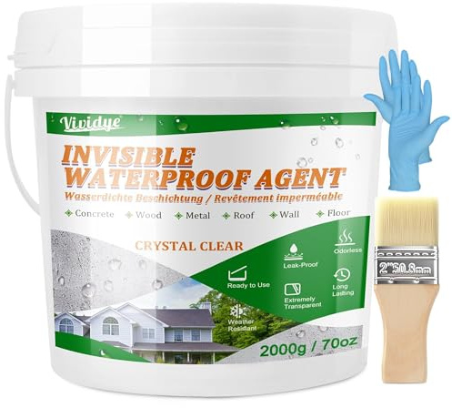 Waterproof Sealant 2,000g, Transparent Waterproof Coating for Roof, Floor, Bathroom, Wall, Window Sill, Concrete, Invisible Water Proof Agent ＆ Leak Repair Adhesive for Indoor/Outdoor Use, Water-Based