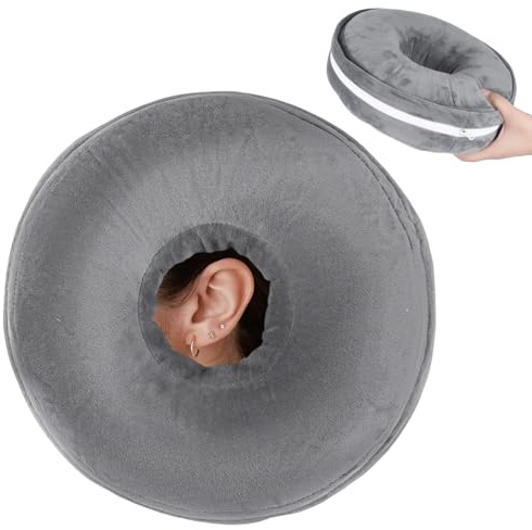 Winmany Almohadas perforadoras de Oreja con Funda de Almohada de Felpa Desmontable para Personas Que Duermen de Lado Almohada de Dona Circular para Protector de oídos Alivio del Dolor Lavable
