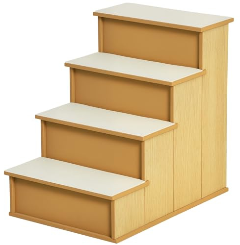 PawHut Escalera para Perros de 4 Peldaños Escalera para Mascotas Escalones para Perros Gatos con Acolchados Desmontables Carga 30 kg para Cama Sofá 40x59x54,2 cm Natural y Crema