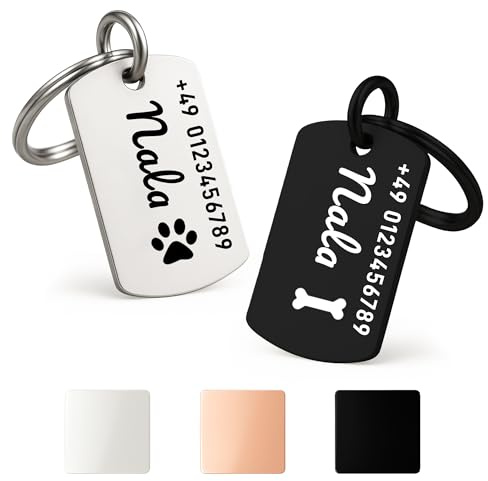 XMHome 2 Hundemarke in quadratischer Form mit Gravur von Name & Telefonnummer personalisierter Haustieranhänger für Hunde, Katzen & Welpen Edelstahl Tiermarke Schwarz 2 Stück