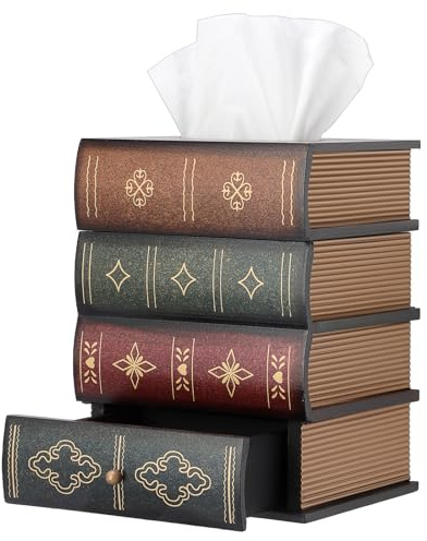 Hoowen Antique Wooden Book Tissue Holder with Storage Drawer, Square Tissue Box Cover Decorative Tissue Dispenser Case Retro Vintage Library Decor for Table Desk Bathroom Living Room Office