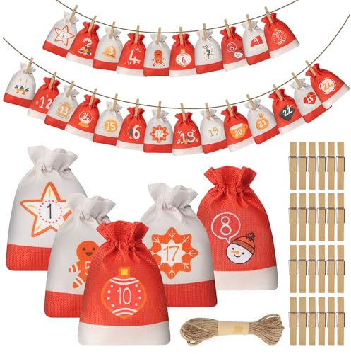 24 Stoffbeutel Adventskalender 2025, Adventskalender Tüten zum Befüllen Weihnachtskalender,15 x 10 cm,mit 24 Holzklammern,1 Hanfseil,Selbst Befüllen für DIY Weihnachtsdeko,Tüten Weihnachten