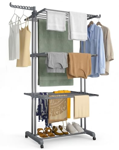 VOUNOT® Wäscheständer Turm 4 Etagen, Platzsparender, Klappbarer Flügelwäscheständer mit Rollen & Seitenflügeln, Standtrockner Wäscheturm Groß, für Innen & Außen, 126x63x170 cm Grau