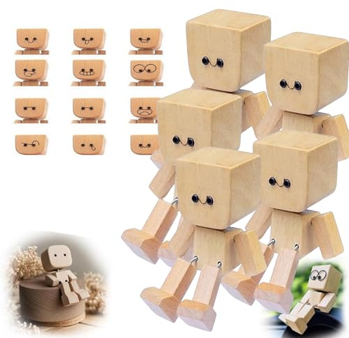 OKESYO Wackelfigur Auto, 5 Stück Schüttelmann Holz Auto mit 12 Ausdrücken, Wackelnder Holzmann, Charmante Kleine Holzfigur für Modernes Kreatives Desktop Ornament
