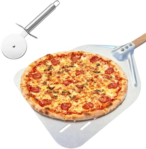 Phieeseriy Pizzaschaufel Perforiert 39,5 * 30cm, 12 Zoll Pizzaschaufel aus Aluminium mit Abnehmbarem Faltbarer Griff, Großer Pizzaschneider für Selbstgebackenes Pizzabrot, Pizza Schaufel Zubehör Set