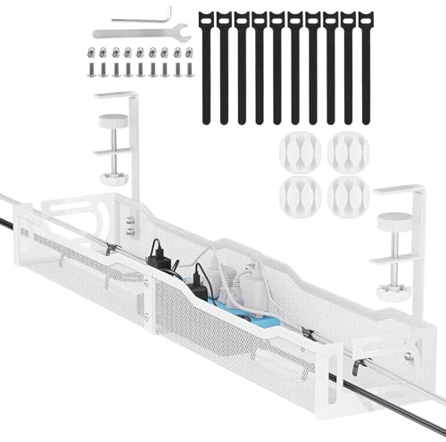 Under Desk Cable Management Tray, 25.2x4.7x3.1 Inch White Carbon Steel Cable Tray, Under Desk Storage with Brackets and Clips, Cable Management Kit for Home Office and Gaming Desk Accessories