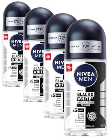 NIVEA MEN Noir & Blanc 48 H Invisible Original Anti-transpirant Bille pour Homme 50 ml (Lot de 4)