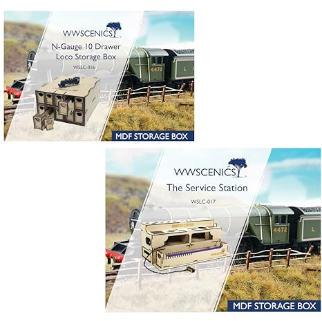 WWScenics Loco Storage Box 10 Drawer & Loco Service Station – TT120 Gauge Model Railway Locomotive Storage & Maintenance Bundle – Stackable Storage with Portable Cleaning Station