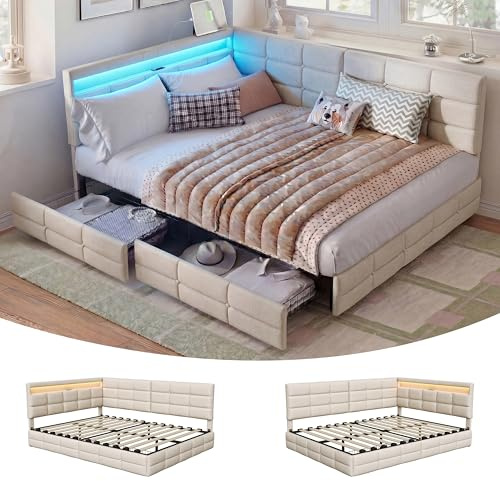 BPKADHY Polsterbett Schlafsofa 140x200 mit LED-Beleuchtung & USB-Ladestation, Jugendbett Tagesbett mit Stauraum & 2 Schubladen, Gästebett Bettgestell mit Lattenrost, Leinen Beige