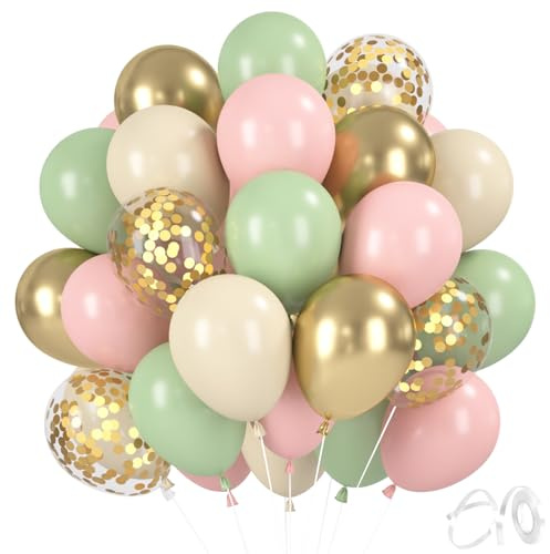 30 stycken ballonger retro rosa grön beige metallic guld konfetti | 30 cm eukalyptus grön gammalrosa heliumballonger för födelsedag flicka kvinna boho bröllop baby party JGA