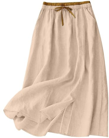 GMQWRK Falda midi de lino y algodón para mujer, estilo informal, con lazo elástico en la cintura y bolsillos, falda dividida de verano, falda para mujer, para vacaciones, uso diario 2026