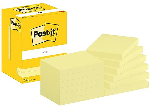 Post-it Anteckningar Kanariegul, paket med 12 kuddar, 100 ark per dyna, 76 mm x 102 mm, gul färg - självhäftande anteckningar för anteckningar, att göra-listor och påminnelser