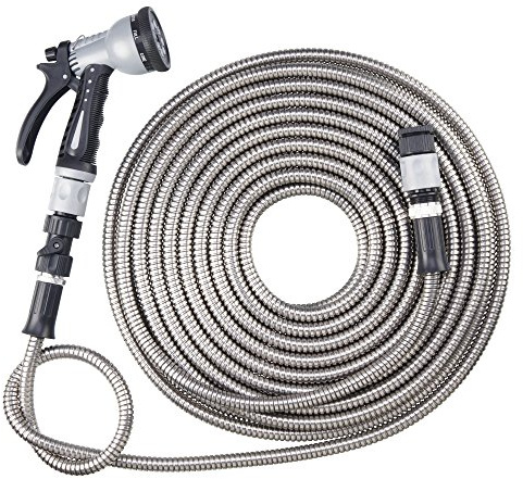 Garden Gear Easy Hose Stainless Steel Garden Water Hosepipe Rust Proof & Tangle Free with Hand Held Spray Nozzle (50ft)