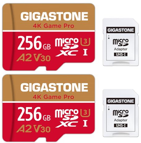 [5 Jahre kostenlose Datenwiederherstellung] Gigastone 4K Game Pro 256GB MicroSDXC Speicherkarte 2er-Pack und SD-Adapter, Kompatibel mit GoPro Switch, schwindigkeit 100 MB/s, A2 U3 V30 Micro SD Karte