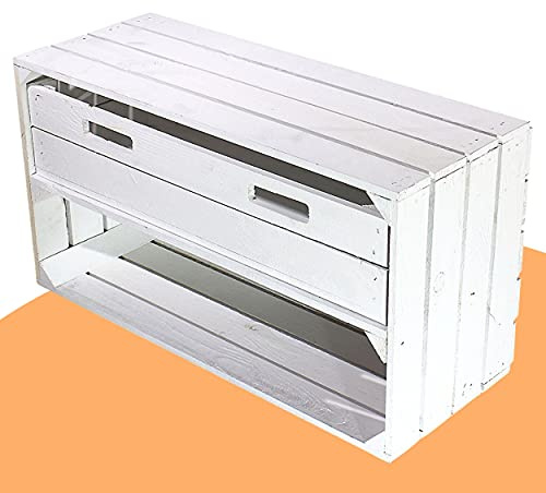 Breite weiße Obstkiste mit Schublade 75cm x 40cm x 31cm Nachttisch Ablage Apfelkiste Weinkiste Weiss Schrank Lagerung mit Schubladen Vintage Landhaus Box Holz Regal