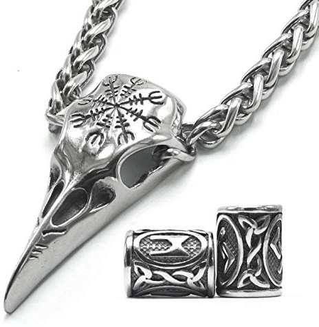Gungneer Norse Viking Raven Skull Necklace Stainless Steel Thor Hammer Mjolnir Jewelry For Men Women, Viking Beard Beads Gift
