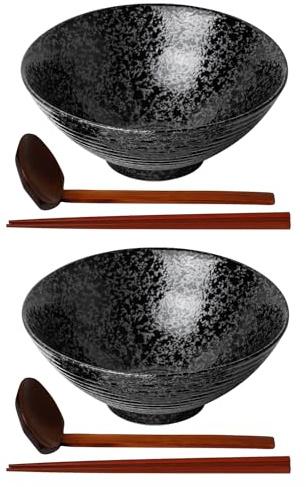 Kanwone Ceramic Japanese Ramen Bowl Set, Noodle Soup Bowls - 60 Ounce, with Matching Spoons and Chopsticks for Udon Soba Pho Asian Noodles, Set of 2, Black