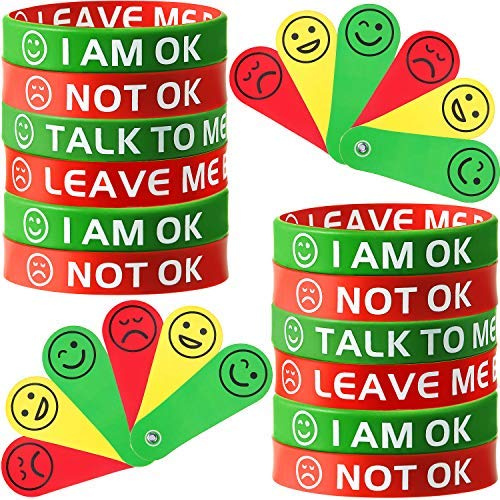 Hicarer 16 Pcs Mood Wristband Emotion Fan Set, Silicone Bands for Teens | 12 Pcs Mood Silicone Rubber Bracelets and 4 Pcs Feeling Emotion Fans for Men Women Teens Education Party Supplies