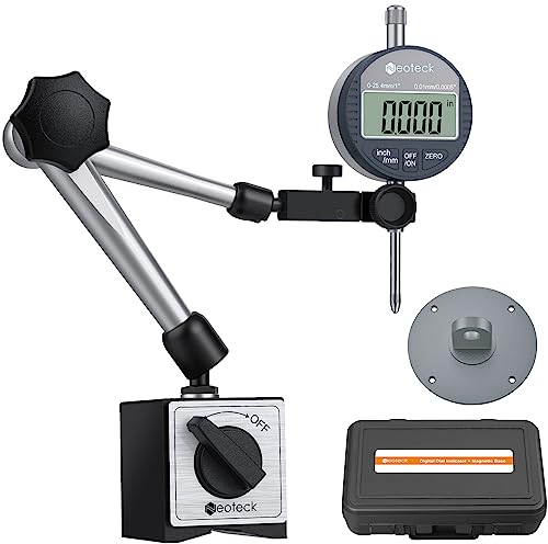 Neoteck Digital Dial Indicator Gauge and Magnetic Base Set, with Storage Case, 0-1inch/ 25.4mm, 0.01mm/ 0.0005 Inch/Metric Conversion Measuring Tool for 3D Printer Lathe Workshop Woodworking- Silver