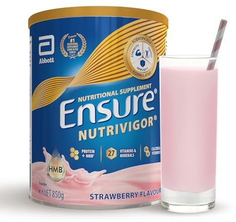 Ensure NutriVigor Nutritional Shake – Strawberry Flavour – 850g – Food Supplement with Protein, HMB & 27 Vitamins & Minerals – Supports Strength, Energy & Immunity – With Vitamin D, C & B