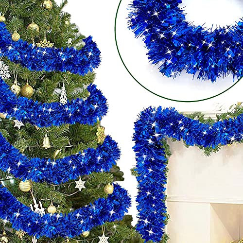 ZKTYQUIHE 4 Pack Total 28 Ft Tinsel Garlands Christmas Tree Decorations, Thick Thin Metallic Streamers Xmas Garland Holiday Christmas Decorations Home Indoor Outdoor Party Supplies,Blue