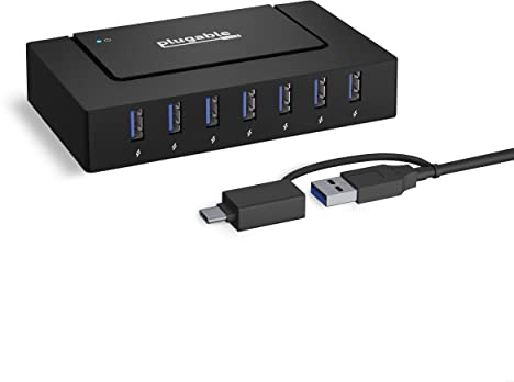 Plugable 7-in-1 USB Powered Hub for Laptops with USB-C or USB 3.0 - Power Station for Multiple Devices and Data Transfer with a 60W Power Adapter, Driverless