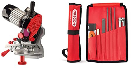Oregon professionelle 230V Tisch-/Wand Sägeketten Schleifmaschine - grau/schwarz/rot (410-230) & Universal-Kettensägen-Feilensatz, Kettensägen Schärfgerät Wartungssatz für Sicheres, Akku (617067)