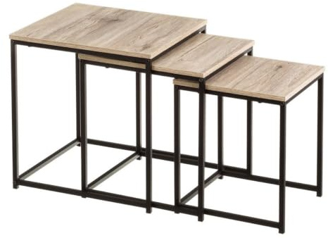 Set de 3 mesas nido de madera natural clara y metal negro para el salón