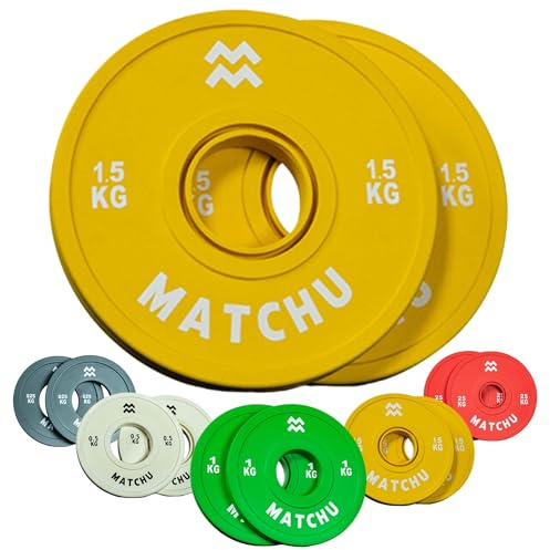 MATCHU - Fraktionella plattor - (Mini) viktskivor – 0,25–2,5 kg – diameter 50 mm – set med (5 X) 2 st. – hantelskivor – stötfångarplattor – viktskivor (gul – 1,5 kg)