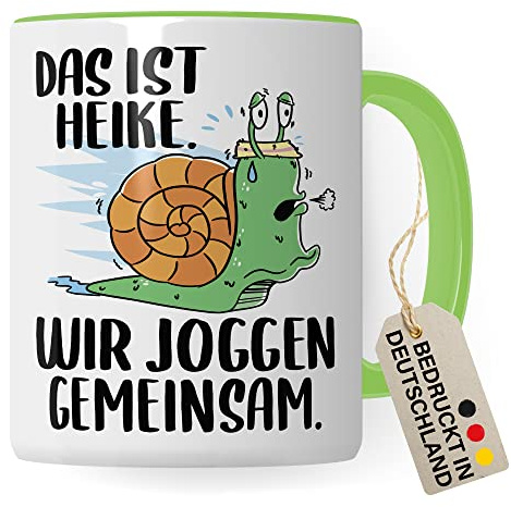 lustige Tasse Humorvolle Kaffeetasse mit Spruch Kaffee-Becher Witz Schnecke Joggen Spruch Geschenk-Idee Das ist Heike (Weiß/Grün)