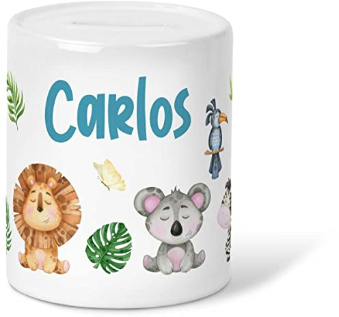 GRAVURZEILE Spardose für Kinder - Safari Design - Personalisiert mit Namen - Geschenk für Jungen & Mädchen zum Geburtstag Kommunion Geburt Einschulung Weihnachten - Geschenk für Kinder zum sparen