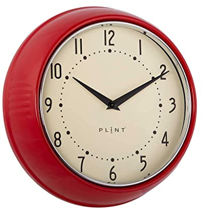 PLINT Retro Wanduhr Silent Non-Ticking Decorative Red Color Wall Clock, Retro Style Wall Decoration for Kitchen Living Room Home, Office, Schule, Easy to Read Large Numbers